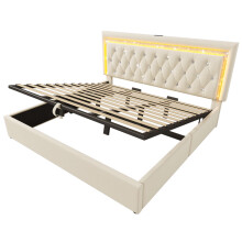 (Beige, 180x200cm) Lit capitonné avec LED, USB Type-C, lit hydraulique et rangement sans matelas