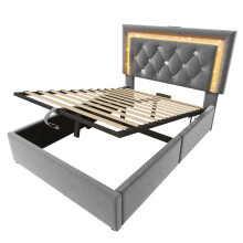 (Gray, 90x200cm) Lit capitonné avec LED, USB Type-C, lit hydraulique et rangement sans matelas