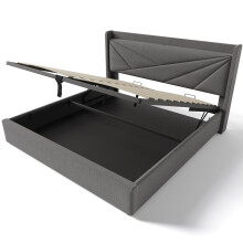 (Grey, 140x200cm) Lit rembourré avec matelas, rangement, USB Type-C et tête de lit