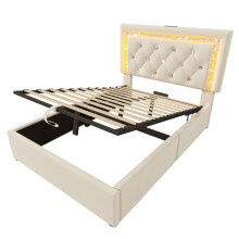 (Beige, 90x200cm) Lit capitonné avec LED, USB Type-C, lit hydraulique et rangement sans matelas