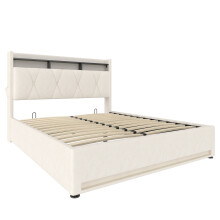 (Beige, 140 x 200cm) Cadre de lit avec LED, USB-C, tĂŞte hydraulique et rangement sous lit sans matelas