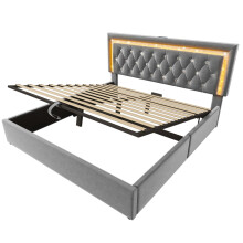 (Gray, 160x200cm) Lit capitonné avec LED, USB Type-C, lit hydraulique et rangement sans matelas