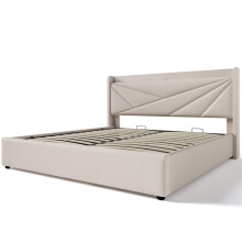 (Beige, 160x200cm) Lit rembourré avec rangement, USB Type-C et tête de lit sans matelas