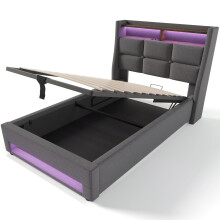 (Grey, 90x200cm) Lit capitonné avec USB, LED et sommier avec matelas