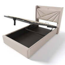 (Beige, 90x200cm) Lit rembourré avec rangement, USB Type-C et tête de lit sans matelas