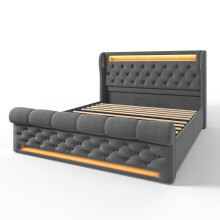 (Gray, 160x200cm) Lit rembourré avec LED, USB Type-C, tête de lit rangement et lit hydraulique sans matelas