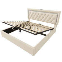 (Beige, 140x200cm) Lit capitonné avec LED, USB Type-C, lit hydraulique et rangement avec matelas