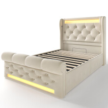 (Beige, 90x200cm) Lit rembourré avec LED, USB Type-C, tête de lit rangement et lit hydraulique sans matelas