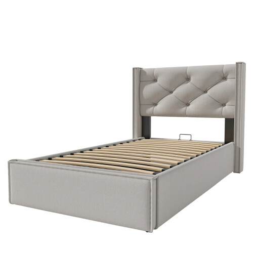 (Light Grey, 90x200cm) Lit hydraulique avec rangement, sommier et matelas