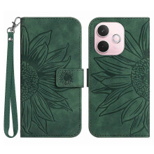 (Dark Green, Multicolor) Leather Wallet Phone Cover with Sunflower Imprint for a Certain Brand's A5 Pro 5G - Red with Wrist Strap