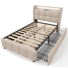 (Beige, 90x200cm) Lit capitonné avec USB, LED, 4 tiroirs, rangement et sommier sans matelas