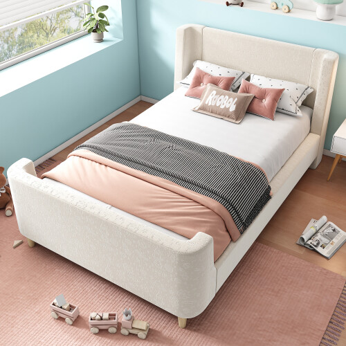 (Beige) Lit enfant forme traîneau avec design décoratif 1