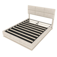 (Beige, 140 x 200cm) Lit avec tête réglable, USB-C, LED et rangement hydraulique sans matelas