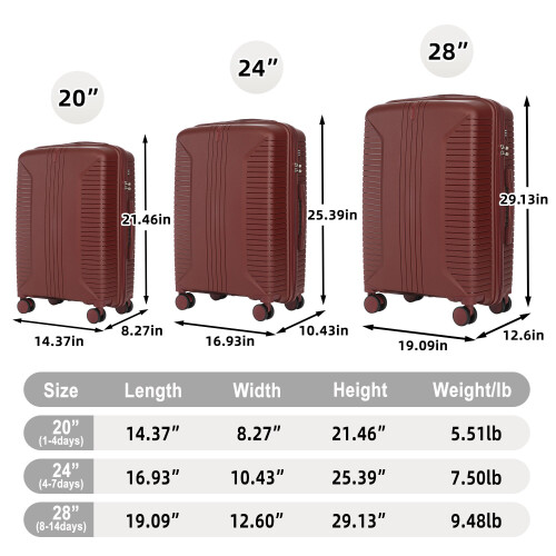 (Red) Set de 3 valises à roulettes avec cadenas à code et crochets de suspension 2