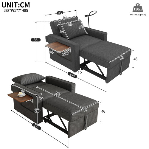(Gray) Fauteuil-lit pliable 1 place avec USB et support téléphone 2