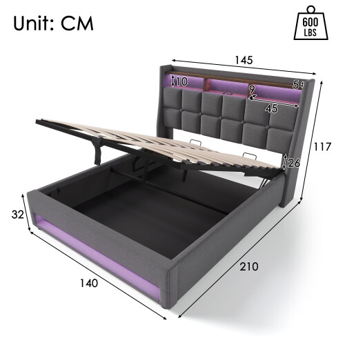 (Grey, 140x200cm) Lit capitonné avec USB, LED et sommier avec matelas 2