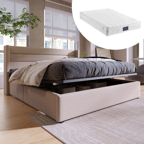 (Beige, 140x200cm) Lit hydraulique avec rangement et matelas 2