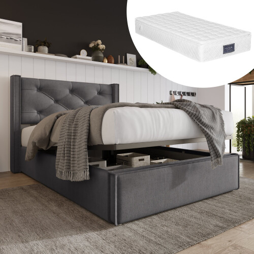 (Grey, 90x200cm) Lit hydraulique avec rangement, sommier et matelas 2