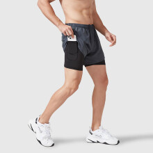 (L, Blue) Double Layer Sports Shorts for Men Quick Dry Fake 2-Piece Fitness Pants