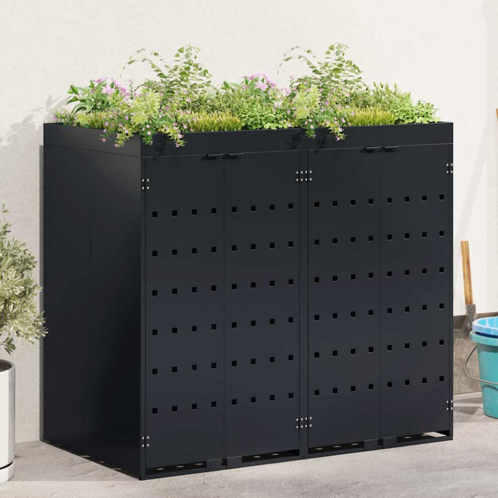 VIDAXL 2 Wheelie Bin Storage Shed with Planter Roof - Black - Steel - Image 2