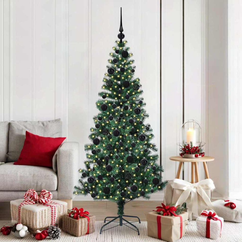vidaXL Pre-lit Artificial Christmas Tree with Black Balls - 180 cm - Green - Image 3
