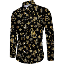 Camisa Navideña para Hombre Elegante Estampada Slim Fit Negro y Dorado XXL — ropa fiesta hombre, camisa manga larga