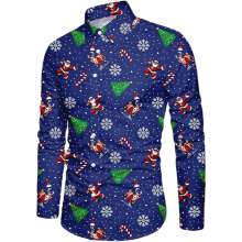 Camisa de Hombre de Manga Larga Navideña Estampada Llamativa Divertida Azul Marino L — ropa fiesta hombre