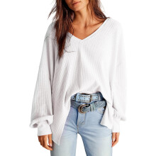 Women’s Oversize V-Neck Tunic Knit Top Comfortable Soft Waffle Knit Going-Out White L — women's oversized blouse