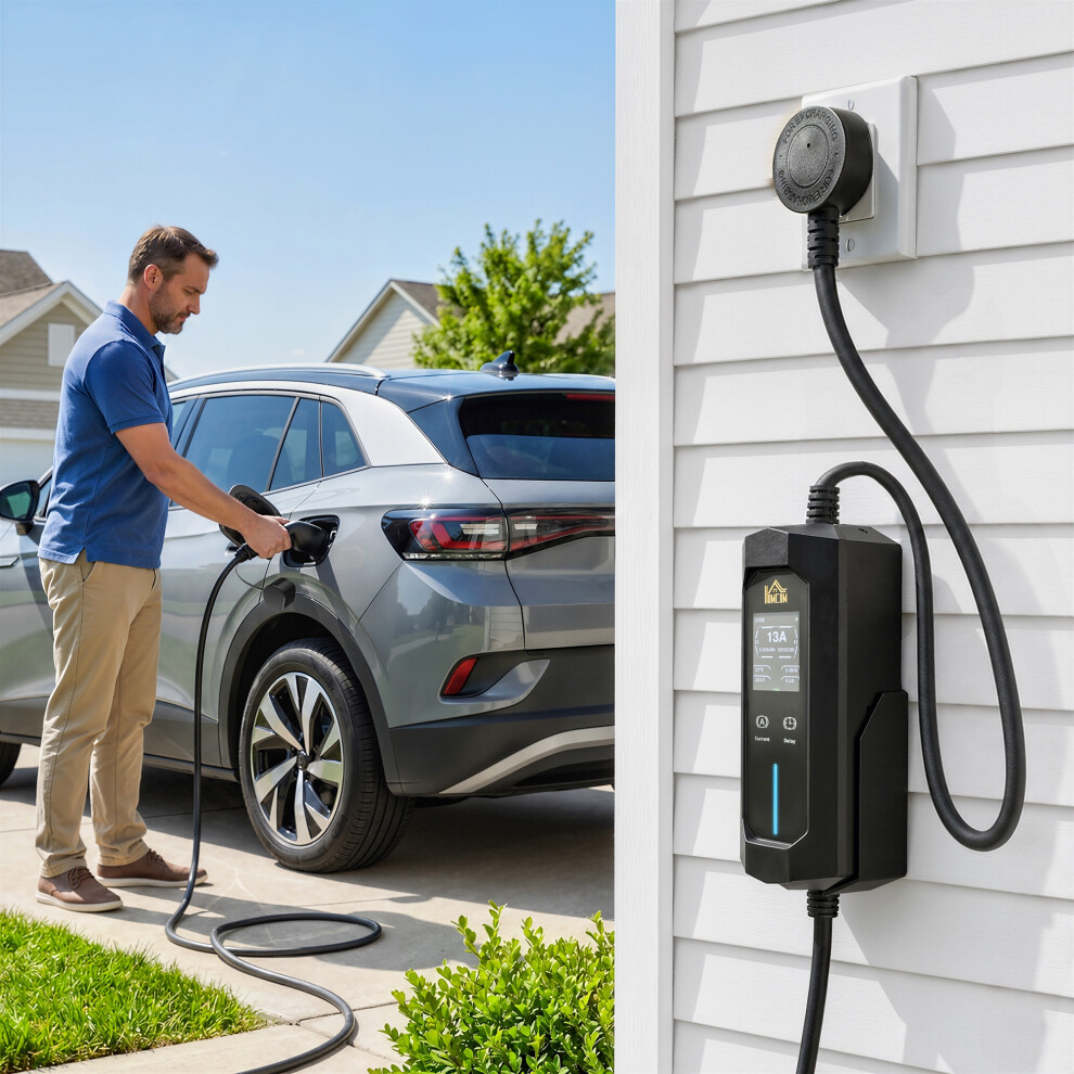 Homcom Ev Charger Type 2 To 3 Pin Plug, 10 M, 2.8 Kw, 6-13 A