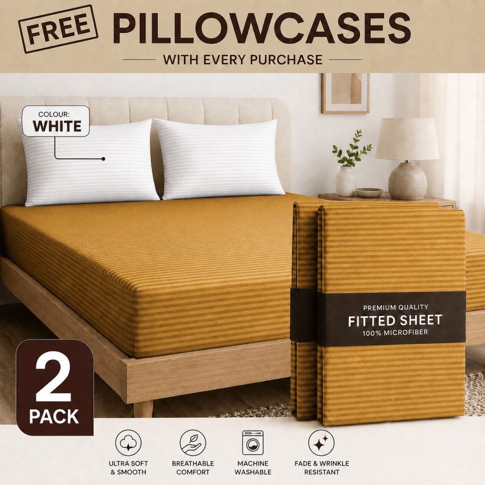 Imperial Rooms (2X Single, Ochre) 40Cm Deep Stripe Fitted Sheet With Free Pillowcases | Extra Deep Stretchable Hotel Quality Fitted Bed Sheets In 2 Pack