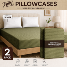 (2X Super King, Olive Green) 40cm Deep Stripe Fitted Sheet with Free Pillowcases | Extra Deep Stretchable Hotel Quality Fitted Bed Sheets in 2 Pack