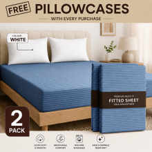 (2X King, Washed Blue) 40cm Deep Stripe Fitted Sheet with Free Pillowcases | Extra Deep Stretchable Hotel Quality Fitted Bed Sheets in 2 Pack