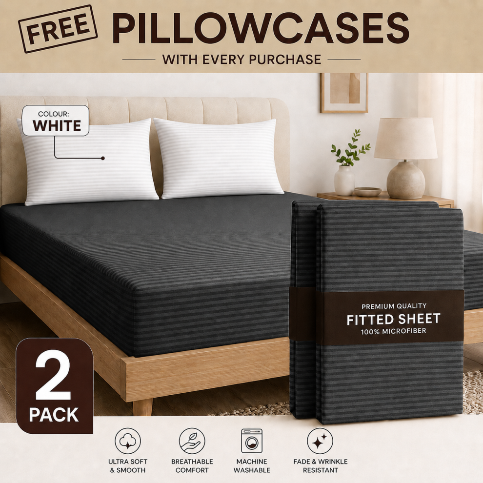 Imperial Rooms (2X Super King, Charcoal) 40Cm Deep Stripe Fitted Sheet With Free Pillowcases | Extra Deep Stretchable Hotel Quality Fitted Bed Sheets In 2 Pack