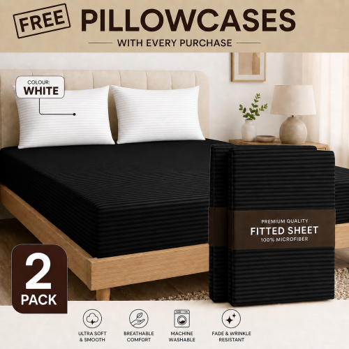 Imperial Rooms (2X Double, Black) 40cm Deep Stripe Fitted Sheet with Free Pillowcases | Extra Deep Stretchable Hotel Quality Fitted Bed Sheets in 2 Pack