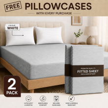 (2X Super King, Silver) 40cm Deep Stripe Fitted Sheet with Free Pillowcases | Extra Deep Stretchable Hotel Quality Fitted Bed Sheets in 2 Pack
