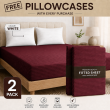 (2X Super King, Burgundy) 40cm Deep Stripe Fitted Sheet with Free Pillowcases | Extra Deep Stretchable Hotel Quality Fitted Bed Sheets in 2 Pack