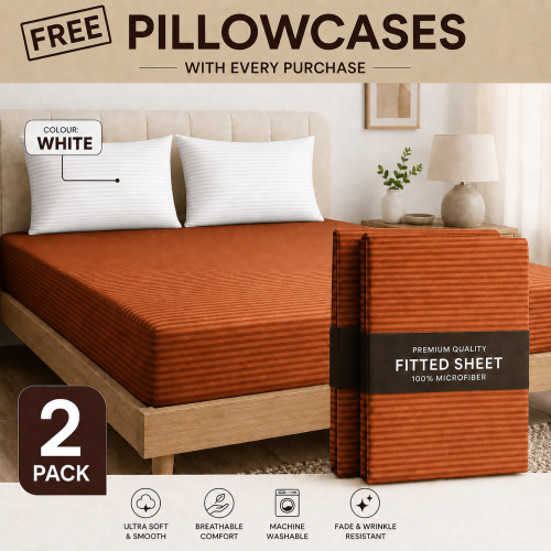Imperial Rooms (2X King, Rust) 40cm Deep Stripe Fitted Sheet with Free Pillowcases | Extra Deep Stretchable Hotel Quality Fitted Bed Sheets in 2 Pack