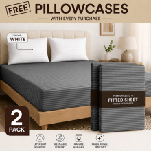 (2X Double, Grey) 40cm Deep Stripe Fitted Sheet with Free Pillowcases | Extra Deep Stretchable Hotel Quality Fitted Bed Sheets in 2 Pack