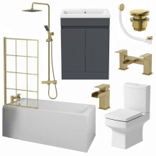 Complete Bathroom Suite 1600mm Single Ended Square Bath Screen Basin Vanity Toilet Shower Taps Waste
