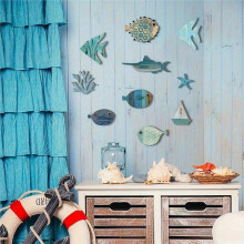 1set Wooden Fish-Shaped Hanging Beach-Themed Bathroom Decor, Nautical Coastal Home Decor, Rustic Fish-Shaped Wall Art