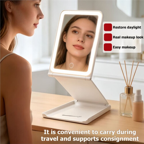LED Tri-Folding Makeup Travel Makeup Mirror 3 Colors Light Modes USB Rechargeable Touch Screen Portable Tabletop 1