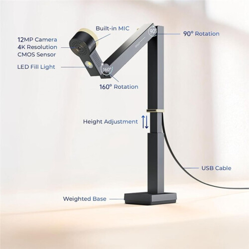 Fancy S Pro 12MP USB Document Camera 4K Webcam con Microfono e Luce LED per Streaming Live, Conferenze Web 1