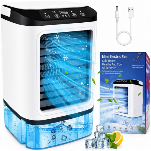 Mini Climatizador USB com Nebulização Dupla e Compartimento de Gelo
