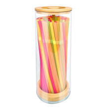 Rietjeshouder Dispenser voor de Tafel, 10-Inch Drinkrietjes Dispenser, Acryl Rietjes Organizer met Bamboe Deksel