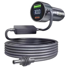 New Car Charger with Type-C Port (30V/2A Boost Output), Featuring A 3-Meter Extension Cable and A Digital Voltmeter