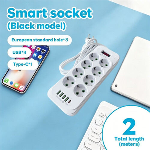 13 in 1 EU Power Strip 2500W Surge Protector with 2M Cable 8 AC Outlets 4 USB Type C Charging Extension Socket 2