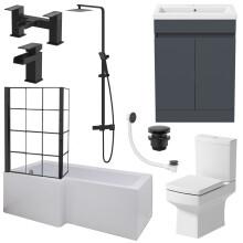 Complete Bathroom Suite 1700mm LH L-Shaped Bath Screen Basin Vanity Toilet Shower Taps Waste