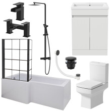 Complete Bathroom Suite 1700mm LH L-Shaped Bath Screen Basin Vanity Toilet Shower Taps Waste