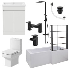 Complete Bathroom Suite 1700mm RH L-Shaped Bath Screen Basin Vanity Toilet Shower Taps Waste