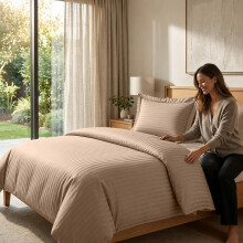 (Super King, Beige) Striped Duvet Cover Set with 2 Pillowcases - Soft Reversible Stripe Bedding Set | Single Double King Sizes - 15 Colours